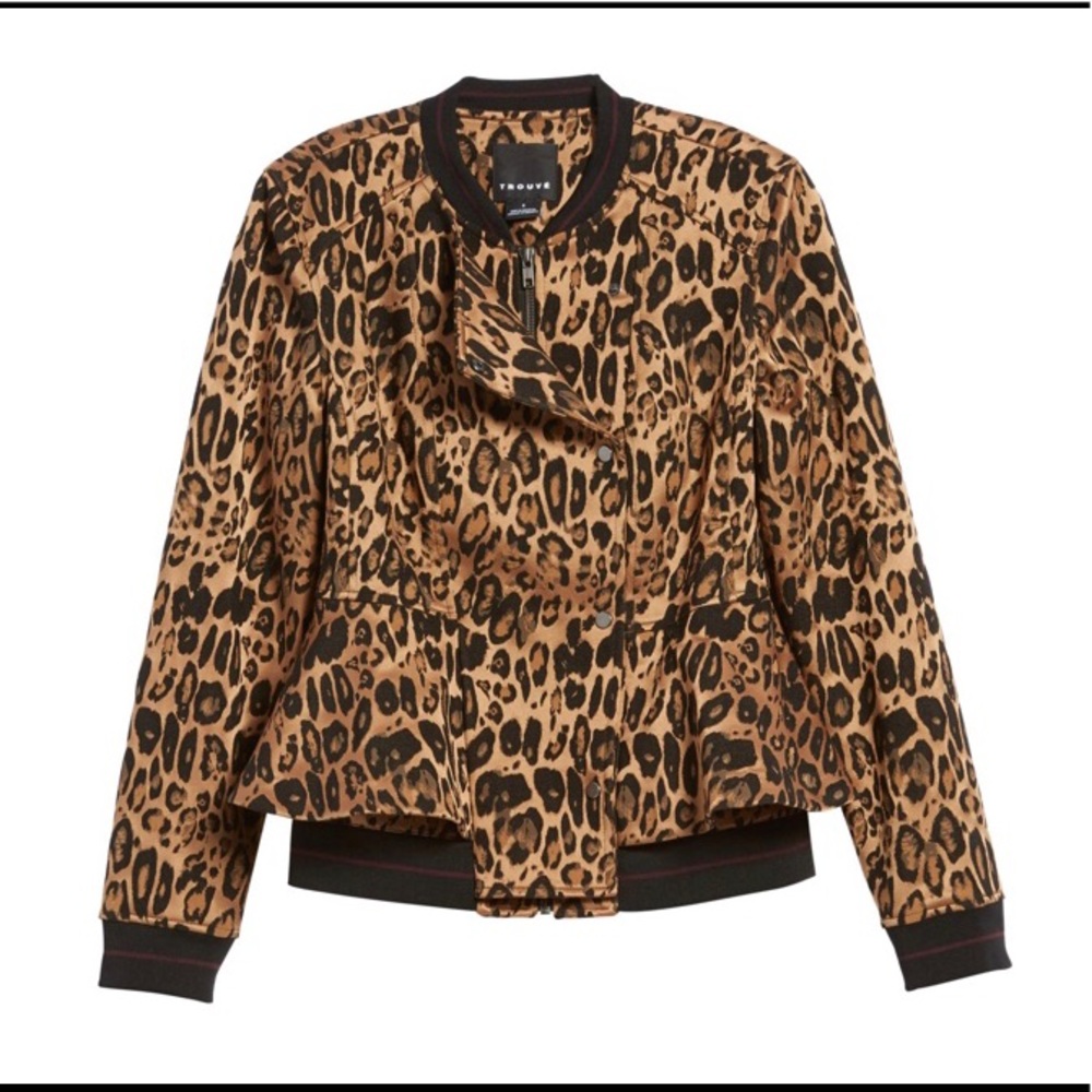 Trouve Leopard Peplum Bomber Jacket